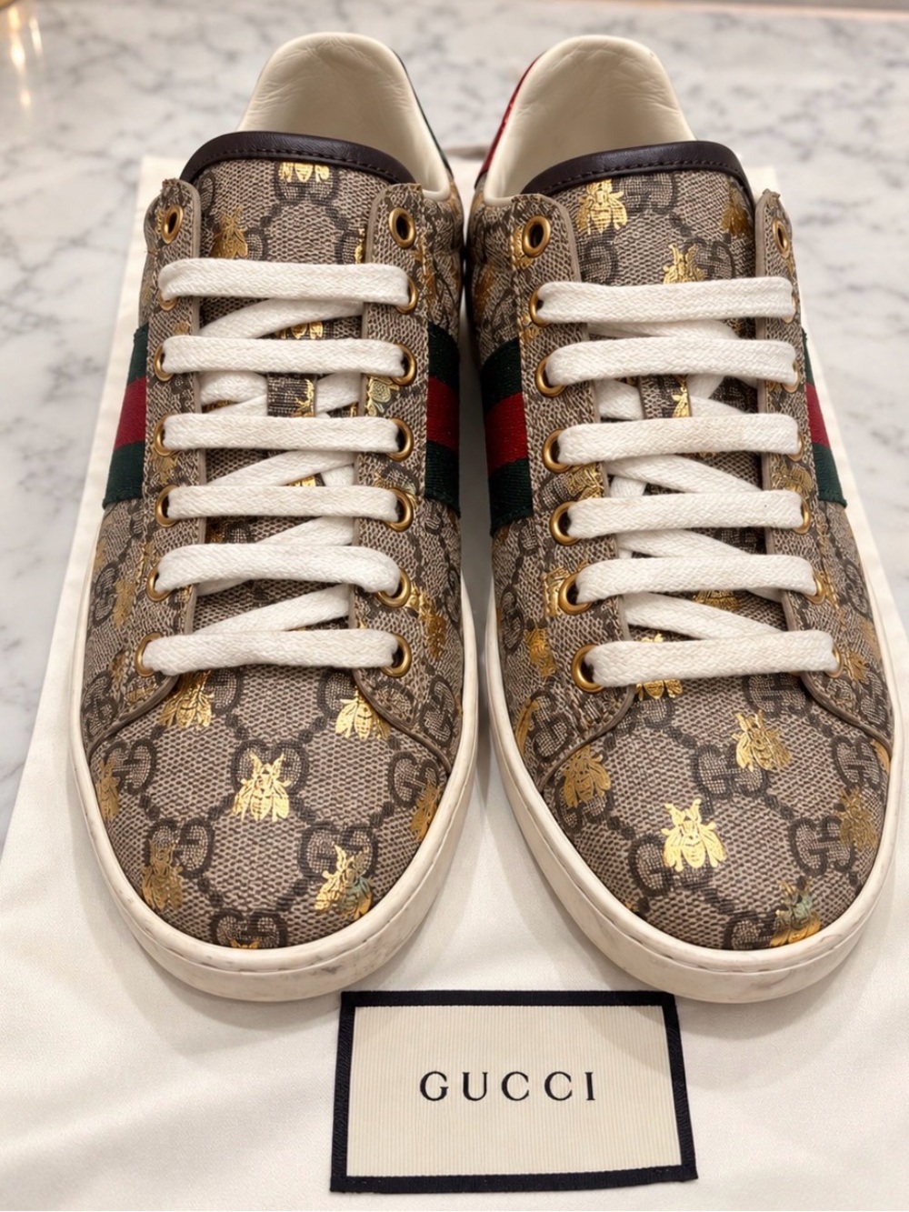 Gucci Ace GG Supreme Bees Sneakers Women’s EU 35.5 US 5.5 Brown Gold Web
